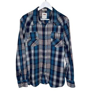 Levi's Men's Long Sleeve Blue Plaid Western Shirt, Pearl Snaps, Size Large